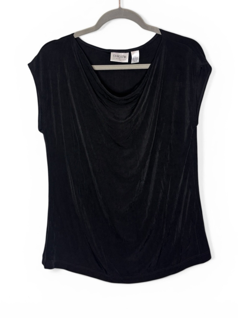 Chicos Travelers Top Size 2 US Large Black Slinky Cowl Neck Blouse Stretch Knit